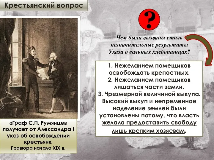 Крестьянский вопрос «Граф С.П. Румянцев получает от Александра I указ об освобождении