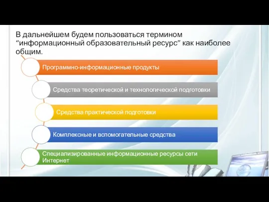 В дальнейшем будем пользоваться термином “информационный образовательный ресурс” как наиболее общим.