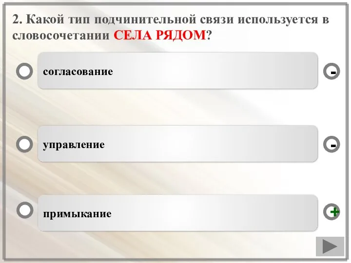 2. Какой тип подчинительной связи используется в словосочетании СЕЛА РЯДОМ? примыкание согласование управление - - +