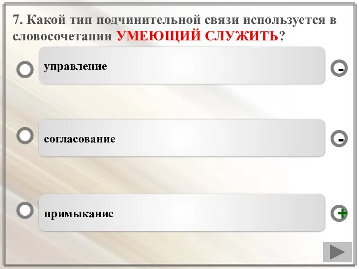 7. Какой тип подчинительной связи используется в словосочетании УМЕЮЩИЙ СЛУЖИТЬ? примыкание согласование управление - + -