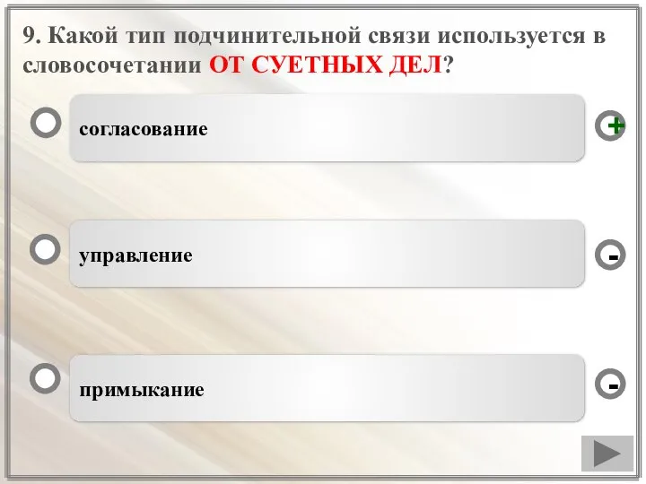 9. Какой тип подчинительной связи используется в словосочетании ОТ СУЕТНЫХ ДЕЛ? согласование