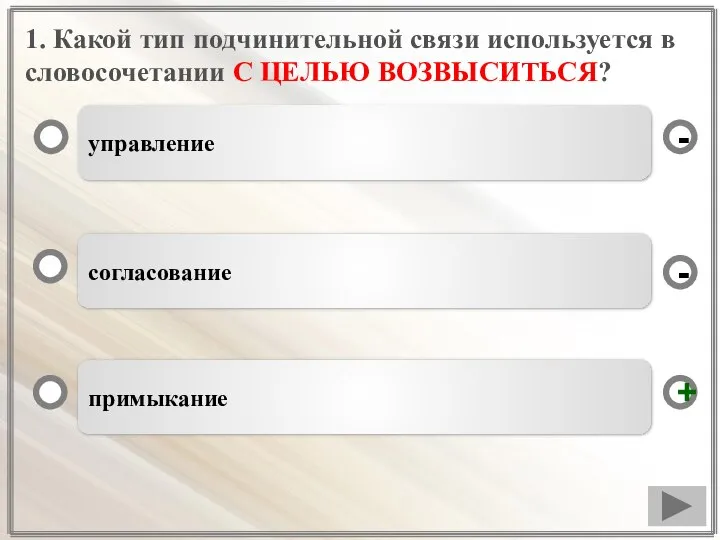 1. Какой тип подчинительной связи используется в словосочетании С ЦЕЛЬЮ ВОЗВЫСИТЬСЯ? управление