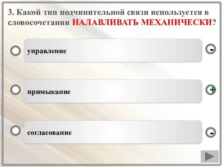 3. Какой тип подчинительной связи используется в словосочетании НАЛАВЛИВАТЬ МЕХАНИЧЕСКИ? управление примыкание согласование - - +