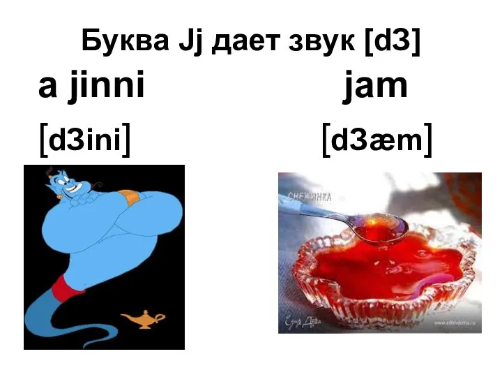 Буква Jj дает звук [dЗ] a jinni jam [dЗini] [dЗæm]