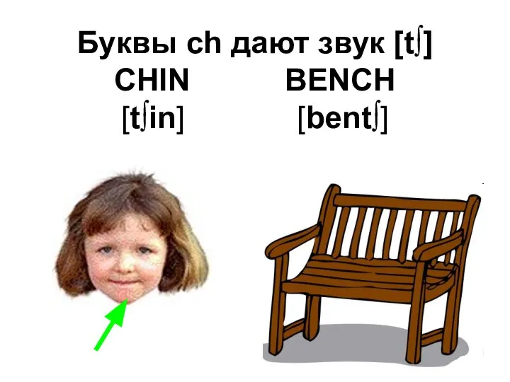 Буквы ch дают звук [t∫] CHIN BENCH [t∫in] [bent∫]