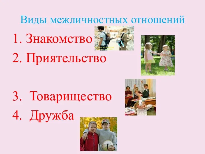 Виды межличностных отношений 1. Знакомство 2. Приятельство 3. Товарищество 4. Дружба