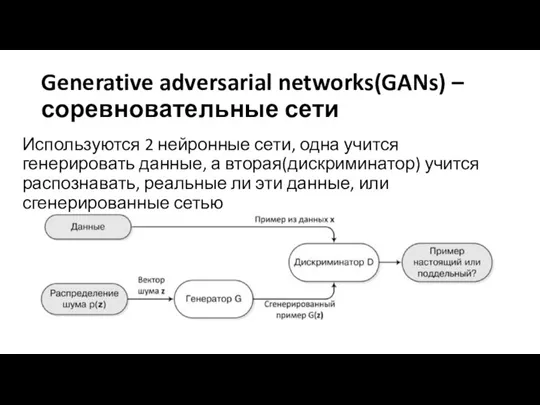 Generative adversarial networks(GANs) – соревновательные сети Используются 2 нейронные сети, одна учится