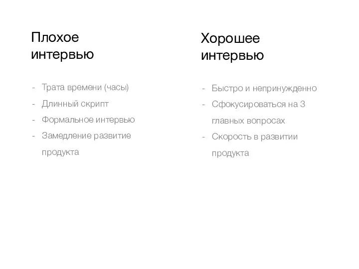 Трата времени (часы) Длинный скрипт Формальное интервью Замедление развитие продукта Плохое интервью