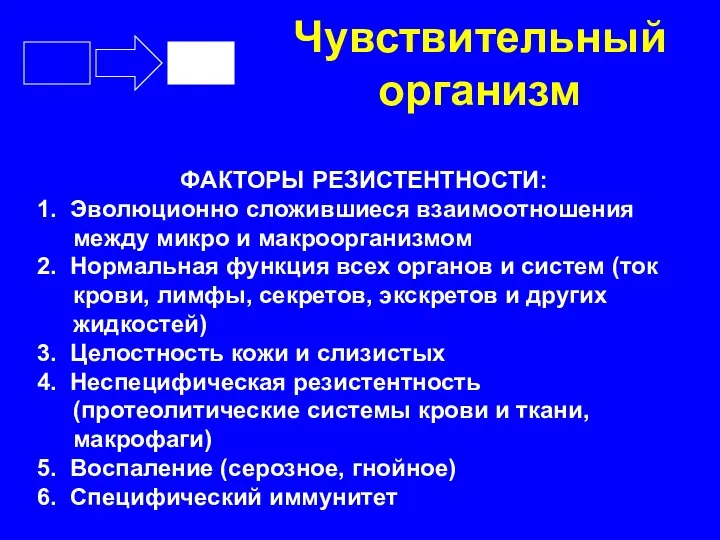 Чувствительный организм ФАКТОРЫ РЕЗИСТЕНТНОСТИ: 1. Эволюционно сложившиеся взаимоотношения между микро и макроорганизмом