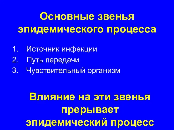 Основные звенья эпидемического процесса Источник инфекции Путь передачи Чувствительный организм Влияние на