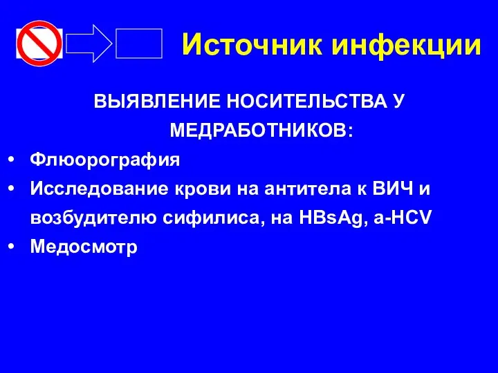 Источник инфекции ВЫЯВЛЕНИЕ НОСИТЕЛЬСТВА У МЕДРАБОТНИКОВ: Флюорография Исследование крови на антитела к