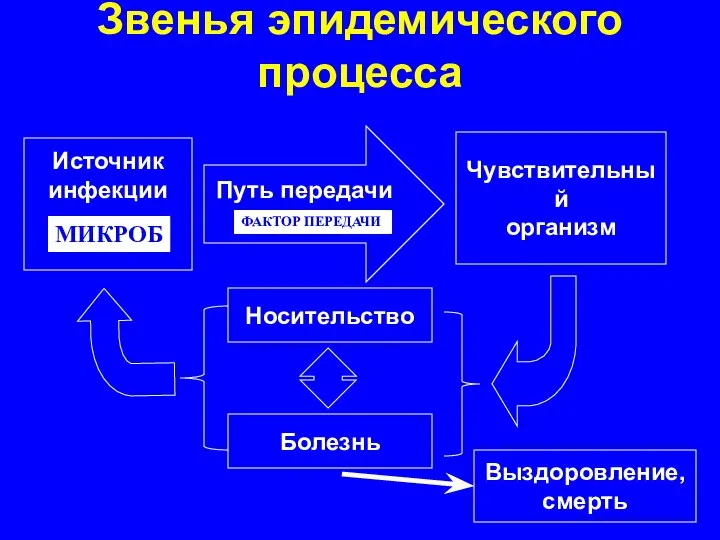 Звенья эпидемического процесса Источник инфекции Путь передачи Чувствительный организм МИКРОБ ФАКТОР ПЕРЕДАЧИ