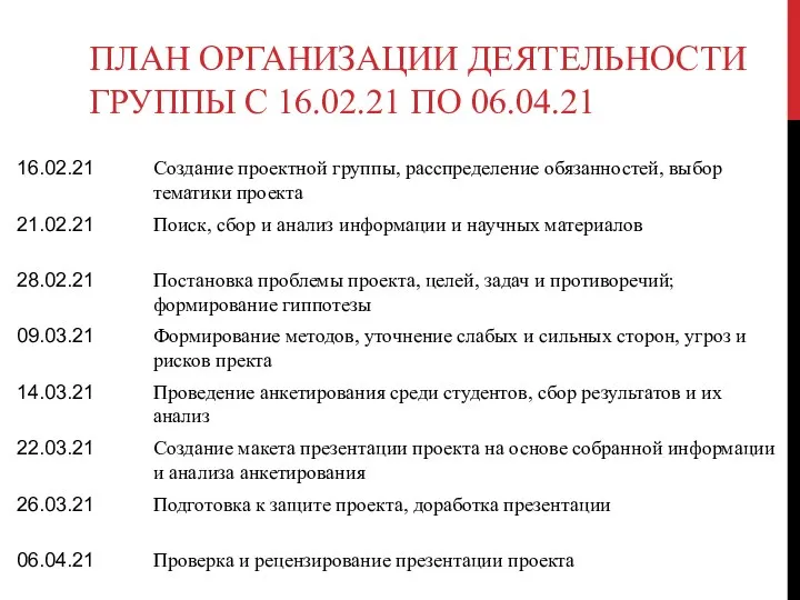 ПЛАН ОРГАНИЗАЦИИ ДЕЯТЕЛЬНОСТИ ГРУППЫ С 16.02.21 ПО 06.04.21