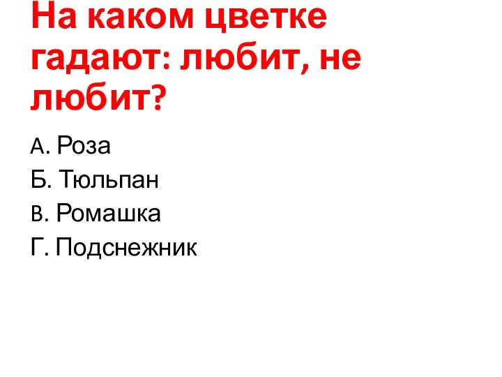 На каком цветке гадают: любит, не любит? A. Роза Б. Тюльпан B. Ромашка Г. Подснежник