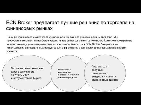 ECN.Broker предлагает лучшие решения по торговле на финансовых рынках Наши решения идеально