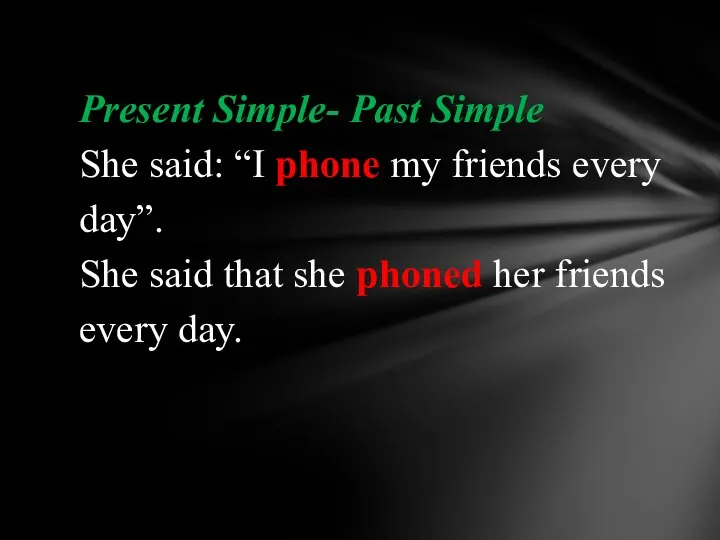 Present Simple- Past Simple She said: “I phone my friends every day”.