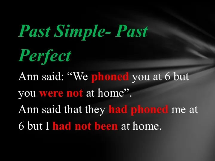 Past Simple- Past Perfect Ann said: “We phoned you at 6 but