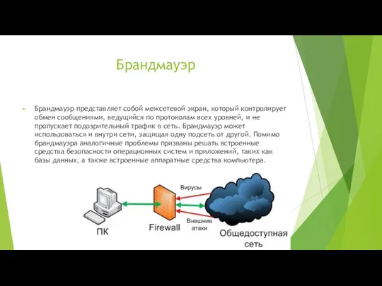 Брандмауэр Брандмауэр представляет собой межсетевой экран, который контролирует обмен сообщениями, ведущийся по