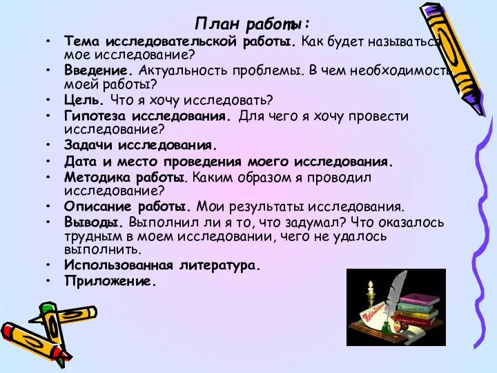 План работы: Тема исследовательской работы. Как будет называться мое исследование? Введение. Актуальность