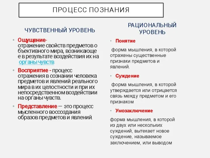 ЧУВСТВЕННЫЙ УРОВЕНЬ Ощущение-отражение свойств предметов объективного мира, возникающее в результате воздействия их