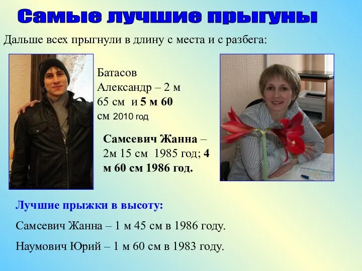 Самые лучшие прыгуны Самсевич Жанна – 2м 15 см 1985 год; 4