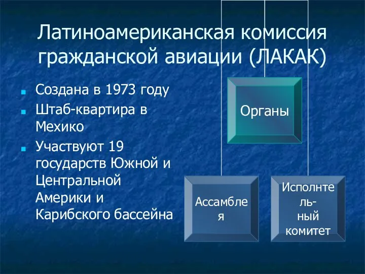 Латиноамериканская комиссия гражданской авиации (ЛАКАК) Создана в 1973 году Штаб-квартира в Мехико