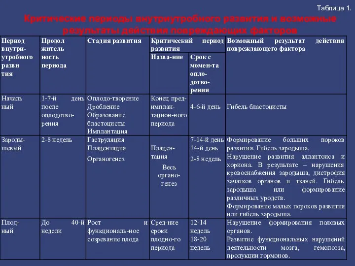 Таблица 1. Критические периоды внутриутробного развития и возможные результаты действия повреждающих факторов