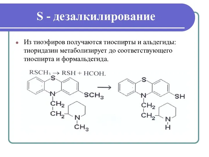 S - дезалкилирование Из тиоэфиров получаются тиоспирты и альдегиды: тиоридазин метаболизирует до соответствующего тиоспирта и формальдегида.