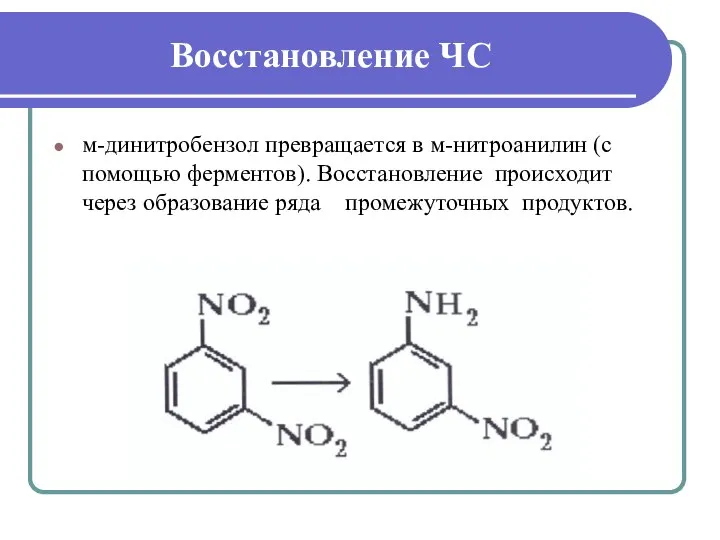 Восстановление ЧС м-динитробензол превращается в м-нитроанилин (с помощью ферментов). Восстановление происходит через образование ряда промежуточных продуктов.