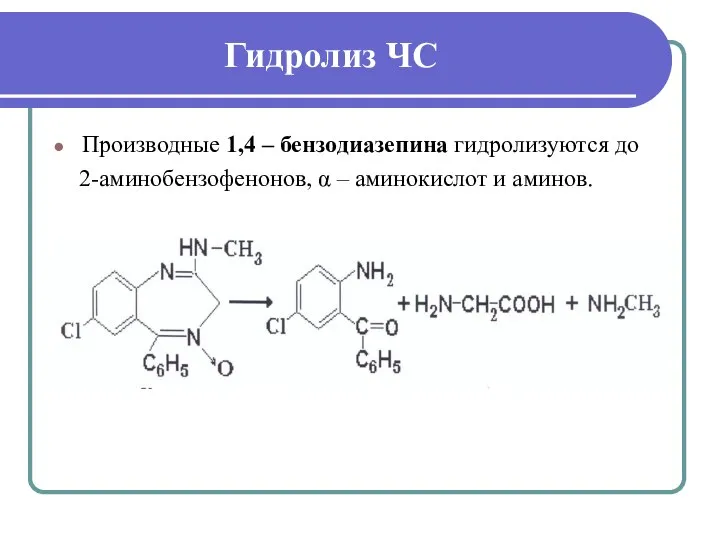 Гидролиз ЧС Производные 1,4 – бензодиазепина гидролизуются до 2-аминобензофенонов, α – аминокислот и аминов.