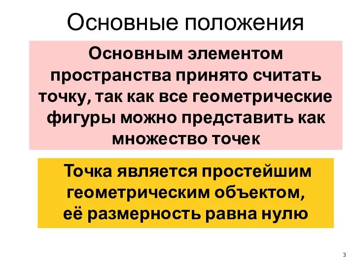 Основным элементом пространства принято считать точку, так как все геометрические фигуры можно