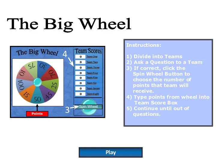 The Big Wheel Instructions: 1) Divide into Teams 2) Ask a Question