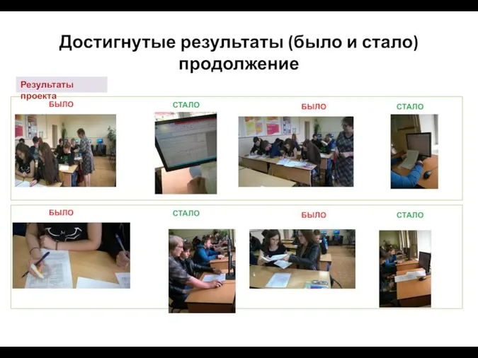 Достигнутые результаты (было и стало) продолжение Результаты проекта БЫЛО СТАЛО СТАЛО БЫЛО БЫЛО СТАЛО СТАЛО БЫЛО