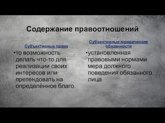 Содержание правоотношений Субъективные права то возможность делать что-то для реализации своих интересов