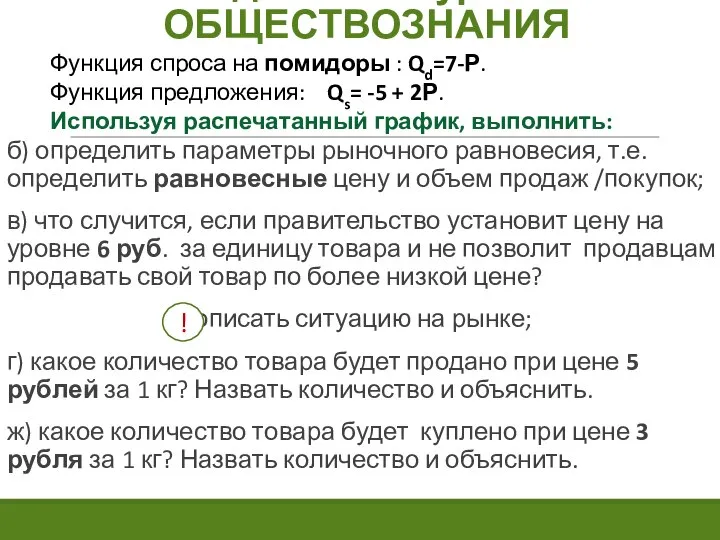 Задача 1. На уроке ОБЩЕСТВОЗНАНИЯ Функция спроса на помидоры : Qd=7-Р. Функция