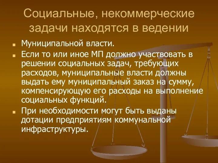 Социальные, некоммерческие задачи находятся в ведении Муниципальной власти. Если то или иное