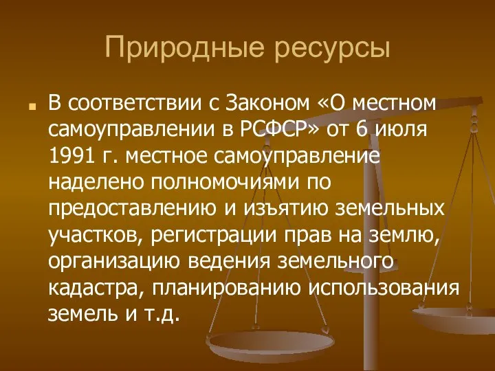 Природные ресурсы В соответствии с Законом «О местном самоуправлении в РСФСР» от