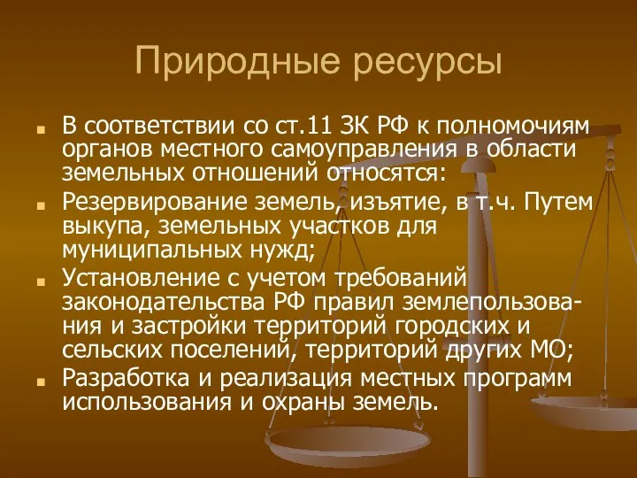 Природные ресурсы В соответствии со ст.11 ЗК РФ к полномочиям органов местного