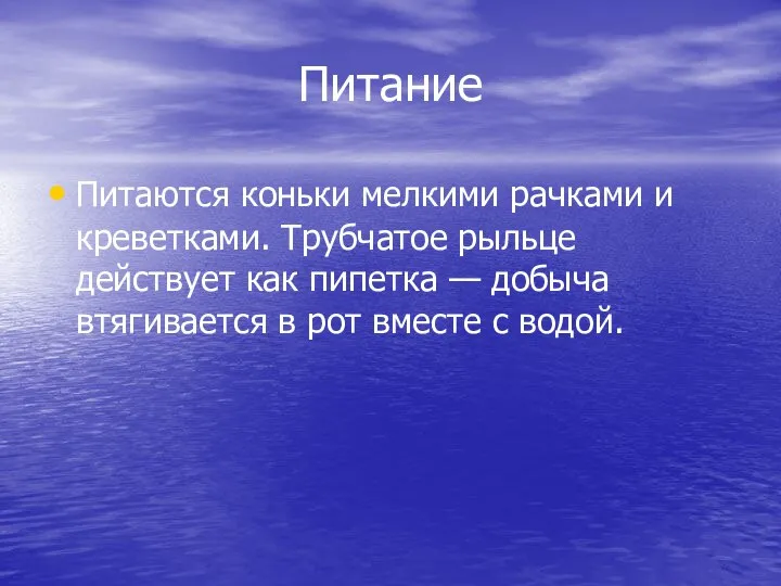 Питание Питаются коньки мелкими рачками и креветками. Трубчатое рыльце действует как пипетка