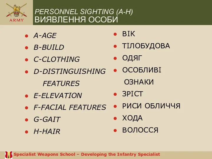 PERSONNEL SIGHTING (A-H) ВИЯВЛЕННЯ ОСОБИ A-AGE B-BUILD C-CLOTHING D-DISTINGUISHING FEATURES E-ELEVATION F-FACIAL