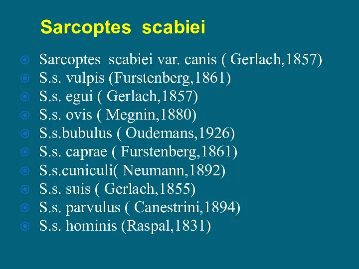 Sarcoptes scabiei Sarcoptes scabiei var. canis ( Gerlach,1857) S.s. vulpis (Furstenberg,1861) S.s.