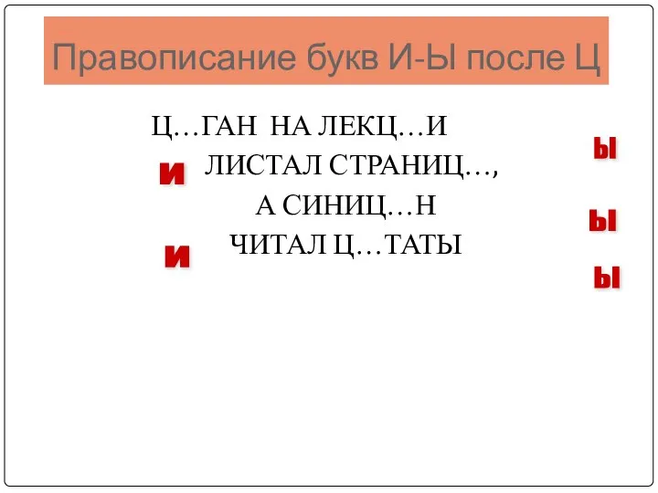 Правописание букв И-Ы после Ц Ц…ГАН НА ЛЕКЦ…И ЛИСТАЛ СТРАНИЦ…, А СИНИЦ…Н