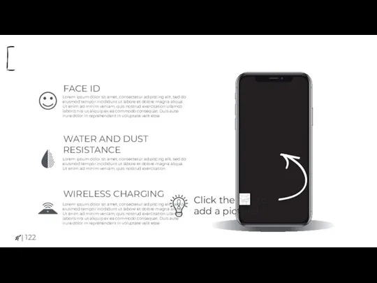 WATER AND DUST RESISTANCE WIRELESS CHARGING FACE ID Lorem ipsum dolor sit