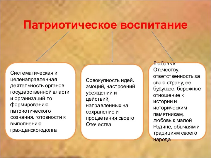 Патриотическое воспитание Систематическая и целенаправленная деятельность органов государственной власти и организаций по