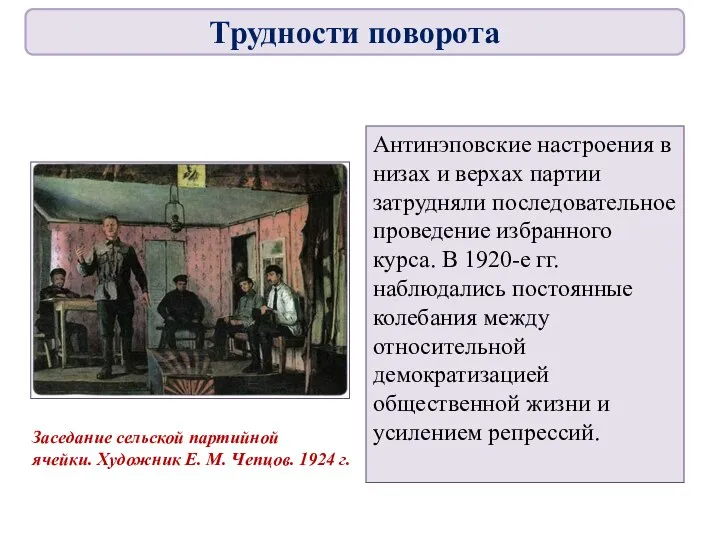 Антинэповские настроения в низах и верхах партии затрудняли последовательное проведение избранного курса.