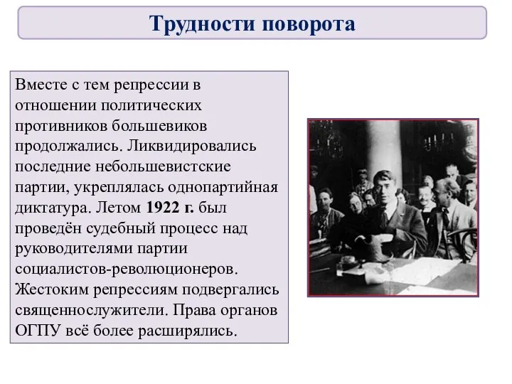 Вместе с тем репрессии в отношении политических противников большевиков продолжались. Ликвидировались последние