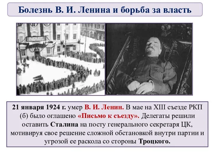 21 января 1924 г. умер В. И. Ленин. В мае на XIII