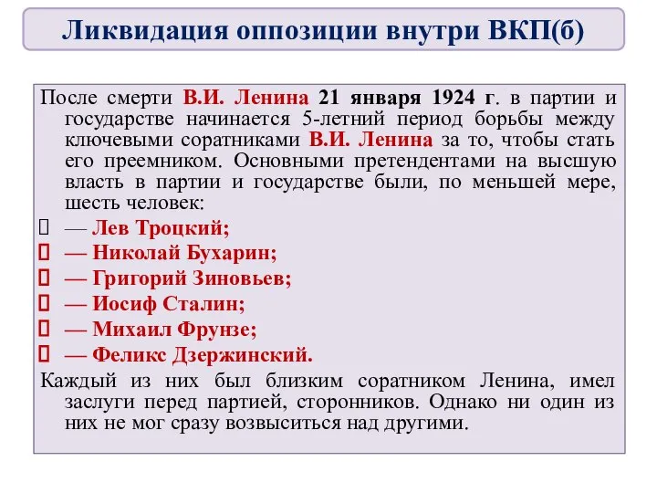 После смерти В.И. Ленина 21 января 1924 г. в партии и государстве