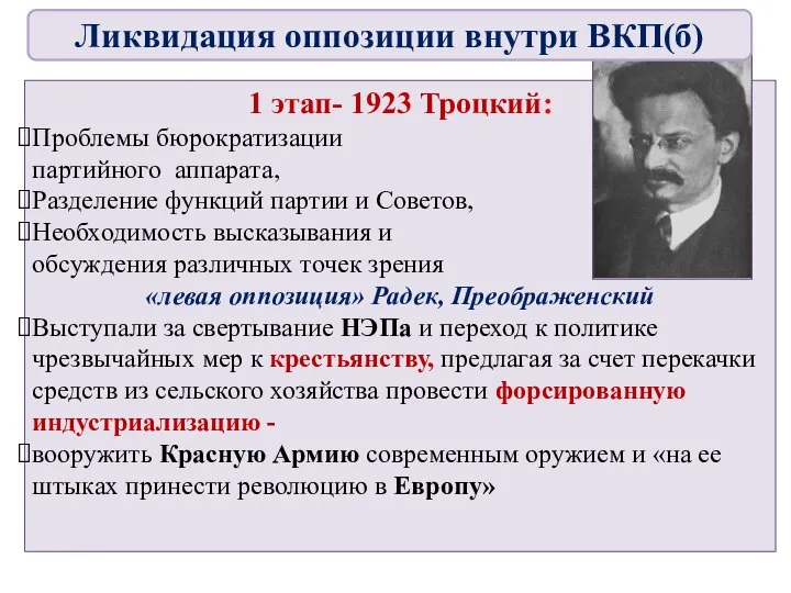 1 этап- 1923 Троцкий: Проблемы бюрократизации партийного аппарата, Разделение функций партии и