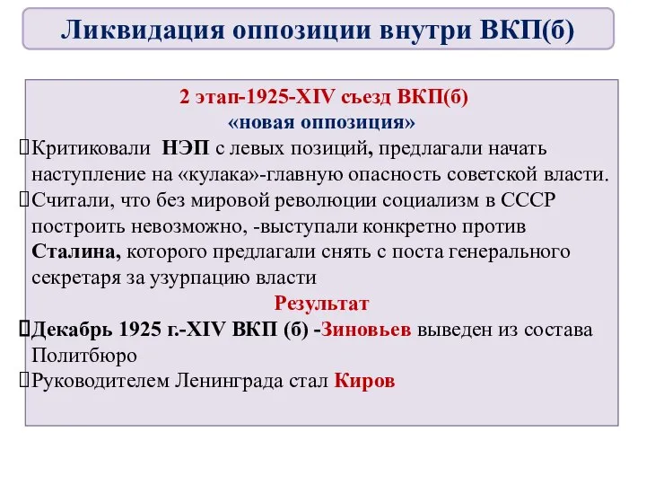 2 этап-1925-XIV съезд ВКП(б) «новая оппозиция» Критиковали НЭП с левых позиций, предлагали